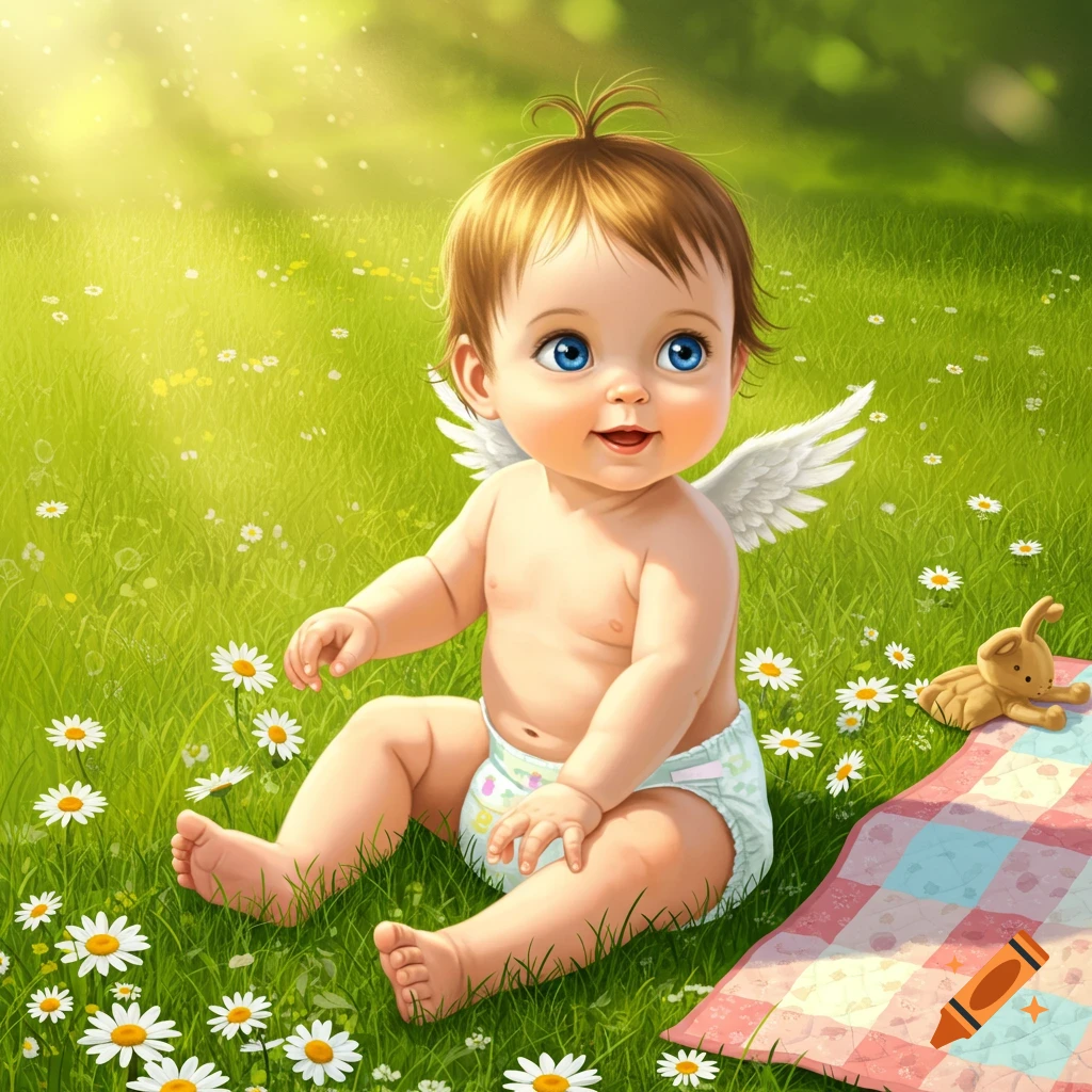 A cute cartoon baby with small wings and blue eyes sits in a grassy field of daisies, smiling, next to a plaid blanket and a bunny toy.