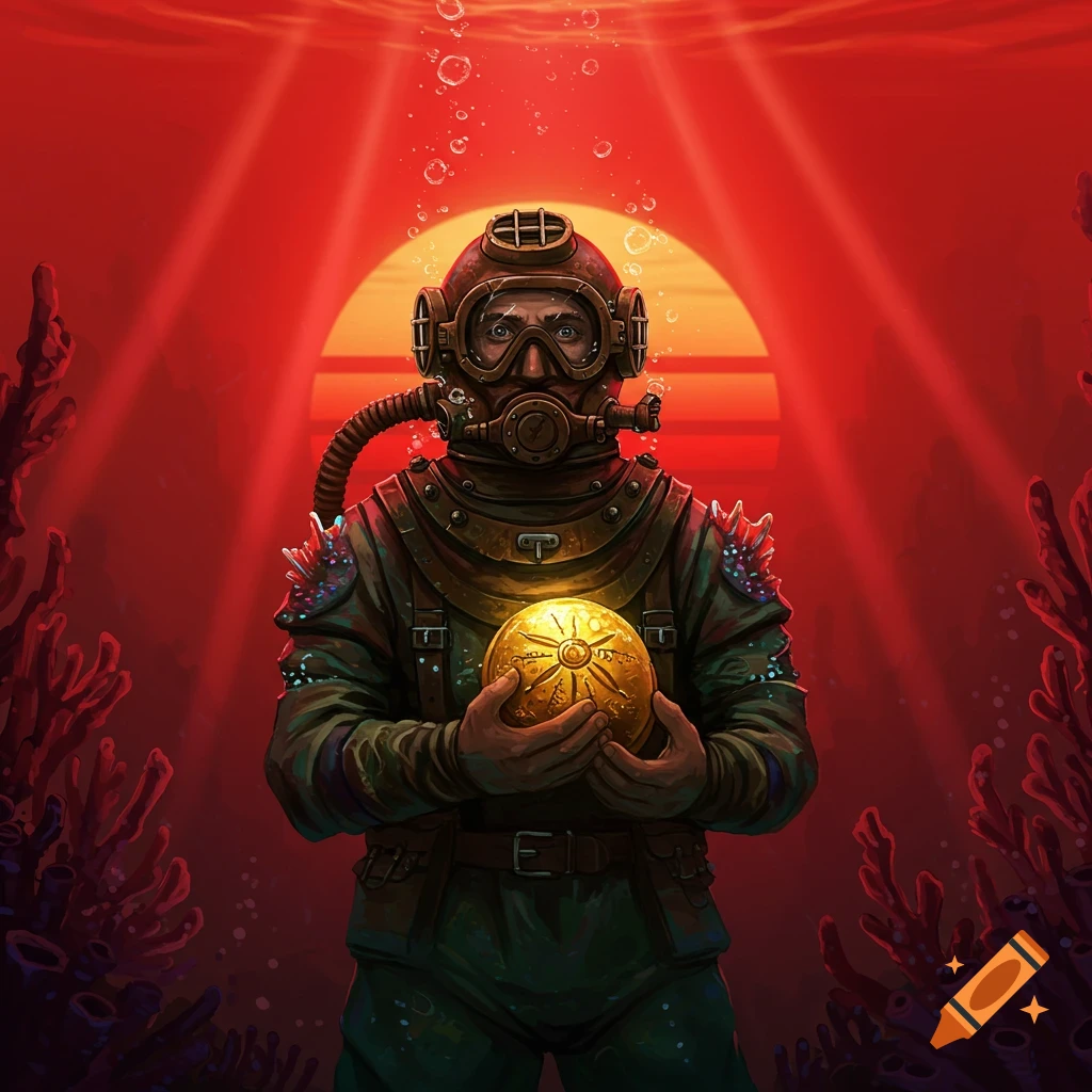 A diver in an old deep-sea suit holds a glowing golden orb underwater, illuminated by red light, with coral on the sides.