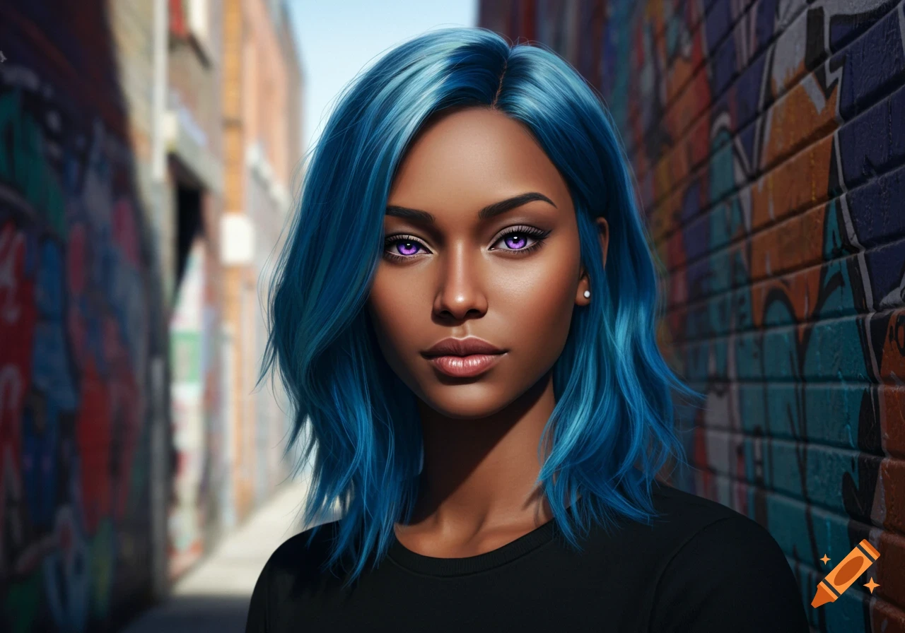 A close-up portrait of a dark-skinned woman with bright blue hair and glowing purple eyes, wearing a black t-shirt, against a blurred urban alley with graffiti walls.