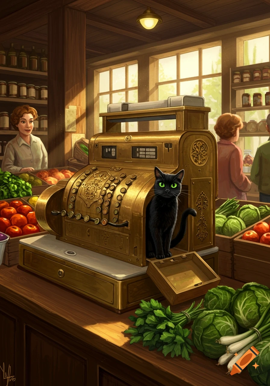 An illustrated black cat sits inside a vintage golden cash register in a busy grocery store, surrounded by fresh produce.