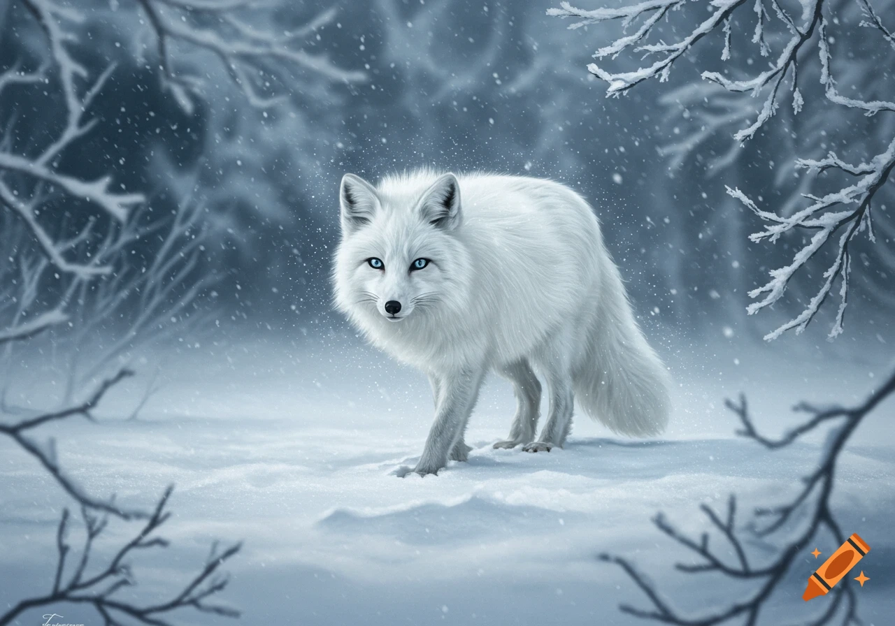 An arctic fox with piercing blue eyes stands in a snowy forest, with frost-covered branches framing the scene as snowflakes fall.
