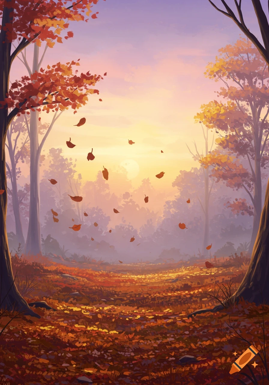 Vibrant autumn forest illustration with falling orange and red leaves and warm light at sunset.