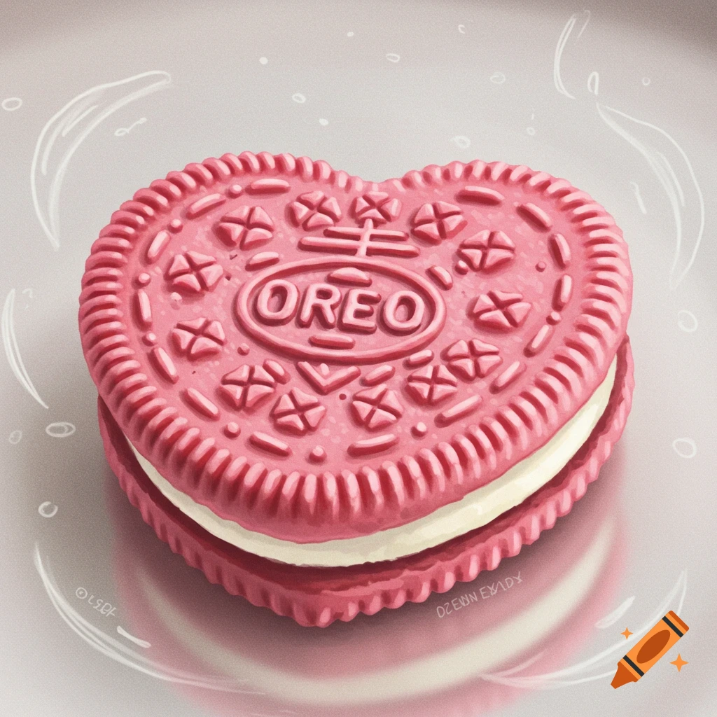 A pink heart-shaped Oreo cookie with white cream filling, detailed on a light background.