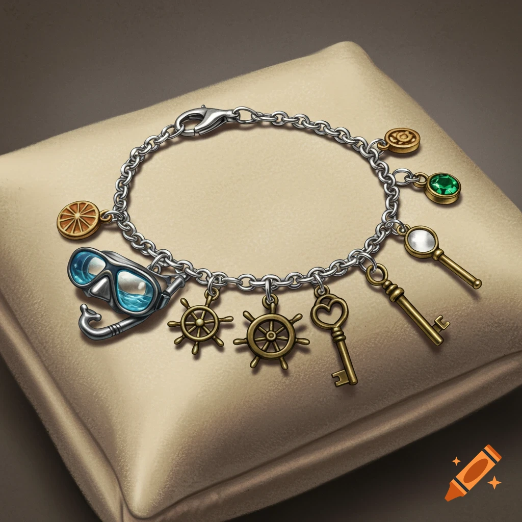 A silver charm bracelet featuring goggles, ship's wheels, keys, an emerald, and an orange slice, resting on a beige pillow.