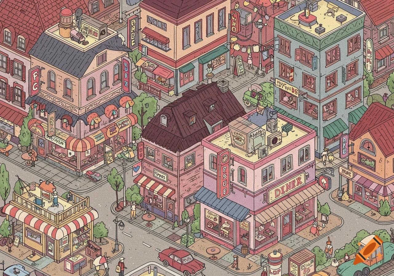 A colorful, isometric cartoon cityscape featuring various shops, buildings, cars, and stylized people.