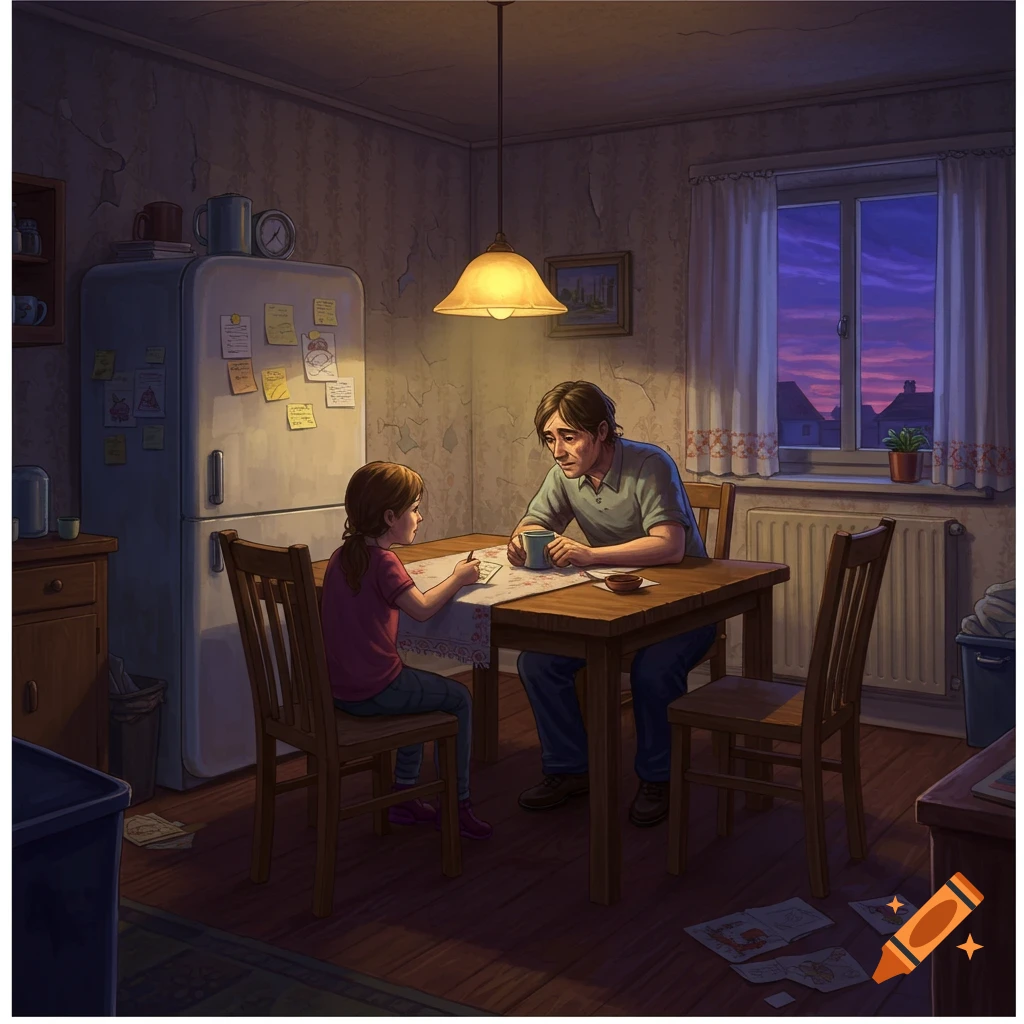 An illustration of a man and a girl sitting at a kitchen table, lit by a single overhead lamp, with a twilight sky visible through a window.