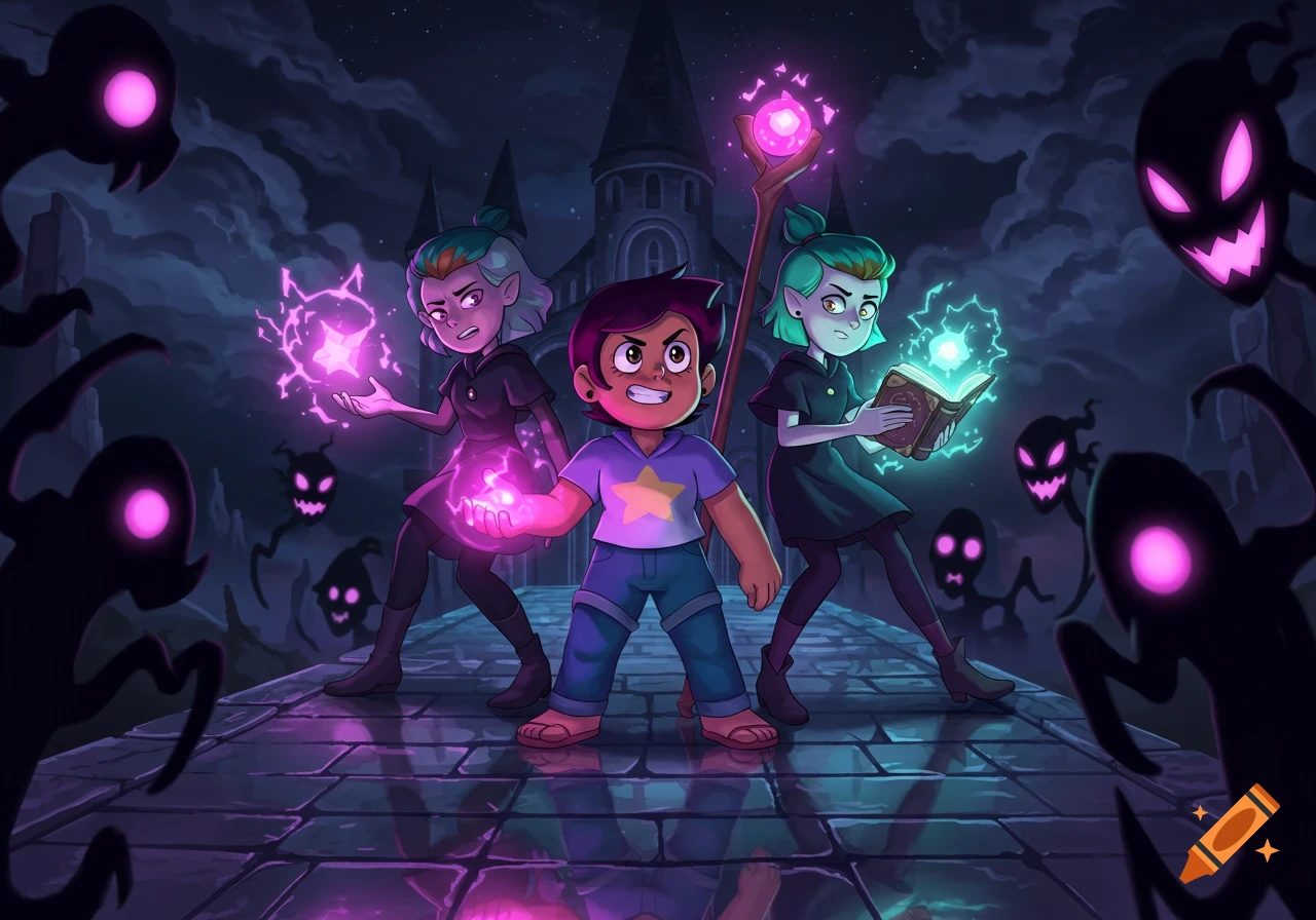 Cartoon characters Luz Noceda and Amity Blight fight glowing shadow monsters in front of a dark castle at night.