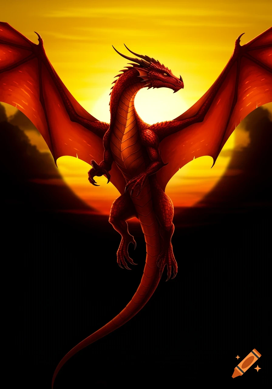 A red dragon with large wings flies against a vibrant yellow and orange sunset and dark background.