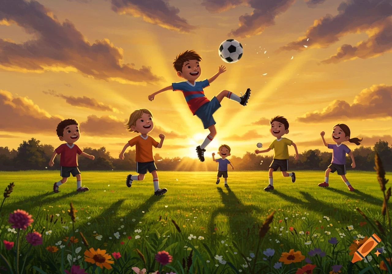 An illustration of six smiling children playing soccer in a grassy field at sunset, with one child kicking the ball high in the air.