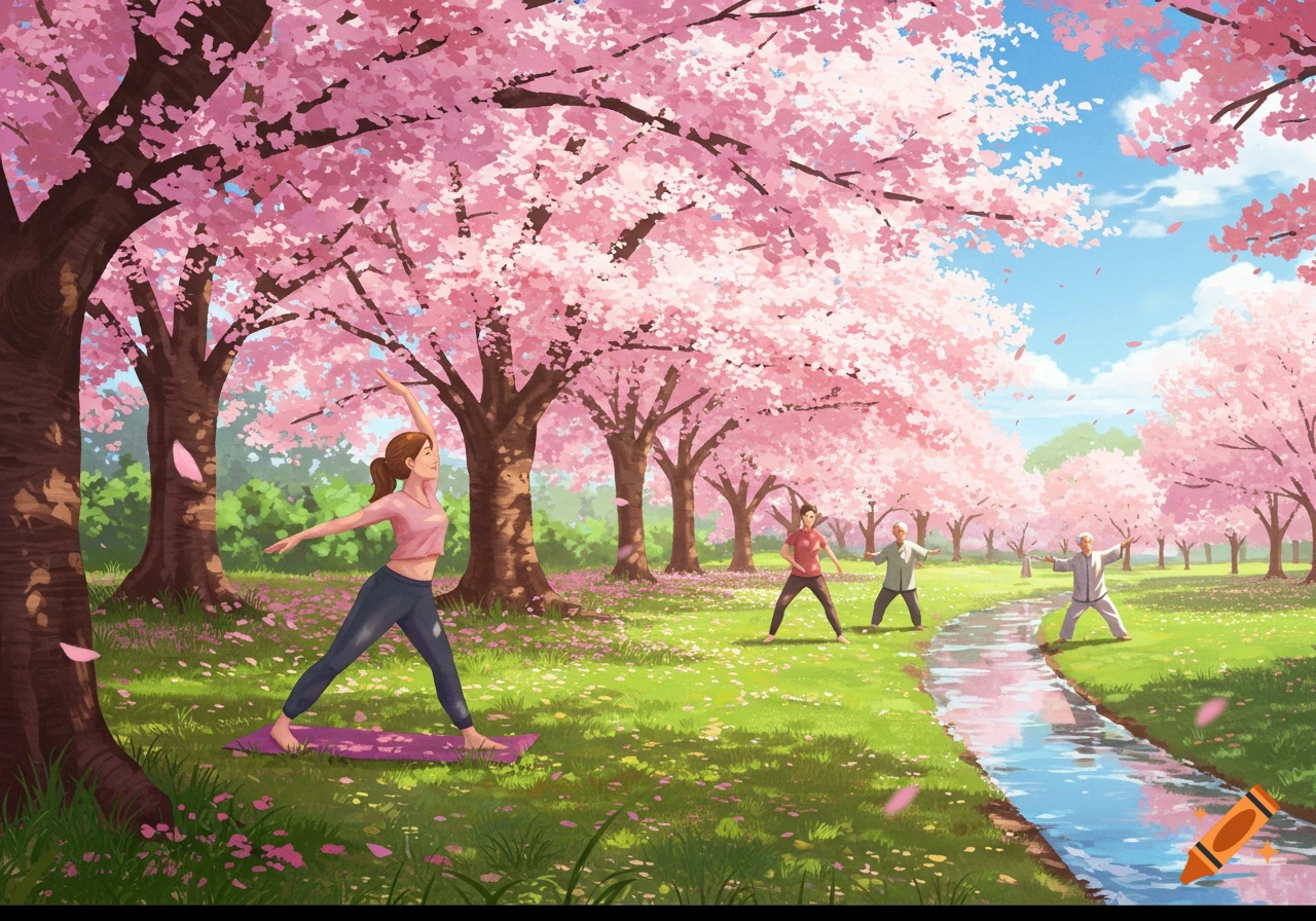 Illustrated scene: A woman does yoga and two men practice tai chi in a vibrant park under pink cherry blossom trees.