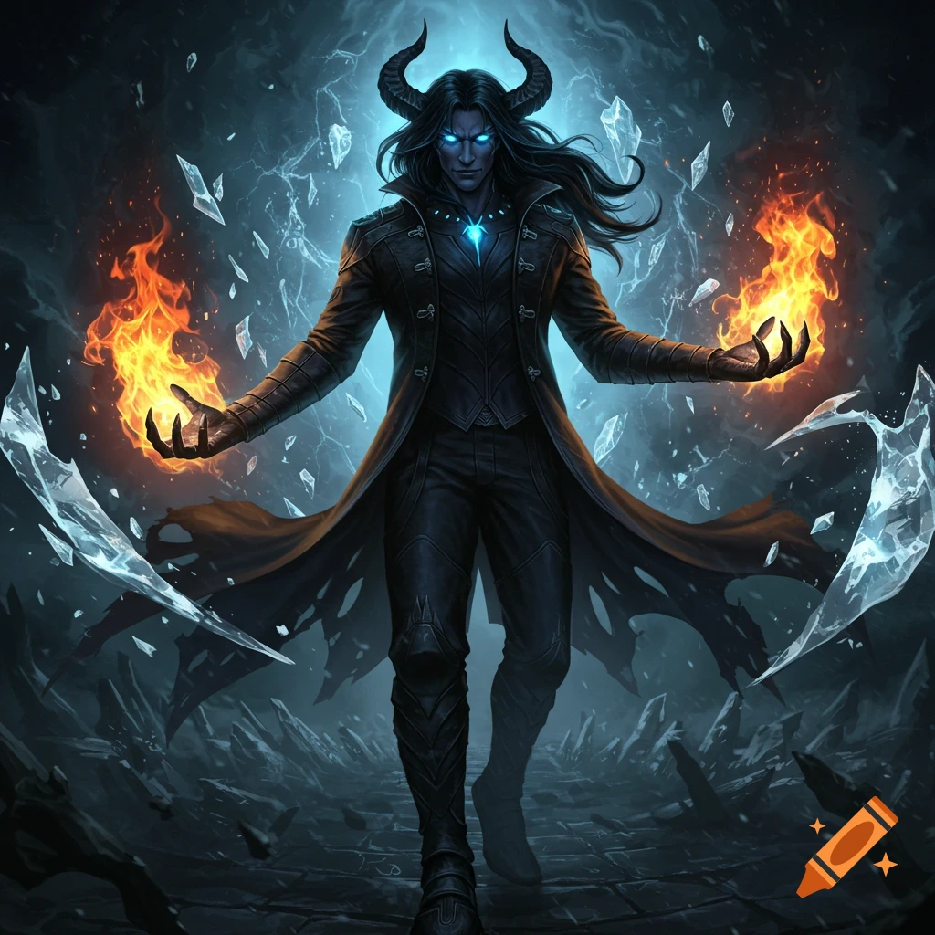A powerful demon with black horns, long dark hair, glowing blue eyes, and dark clothing stands holding fire in both hands amidst shards of ice.