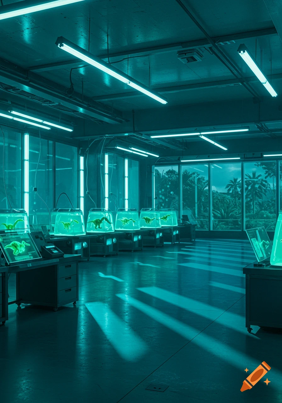 Dark, teal-lit science laboratory with dinosaur specimens in glowing containment tanks, reminiscent of Jurassic Park.