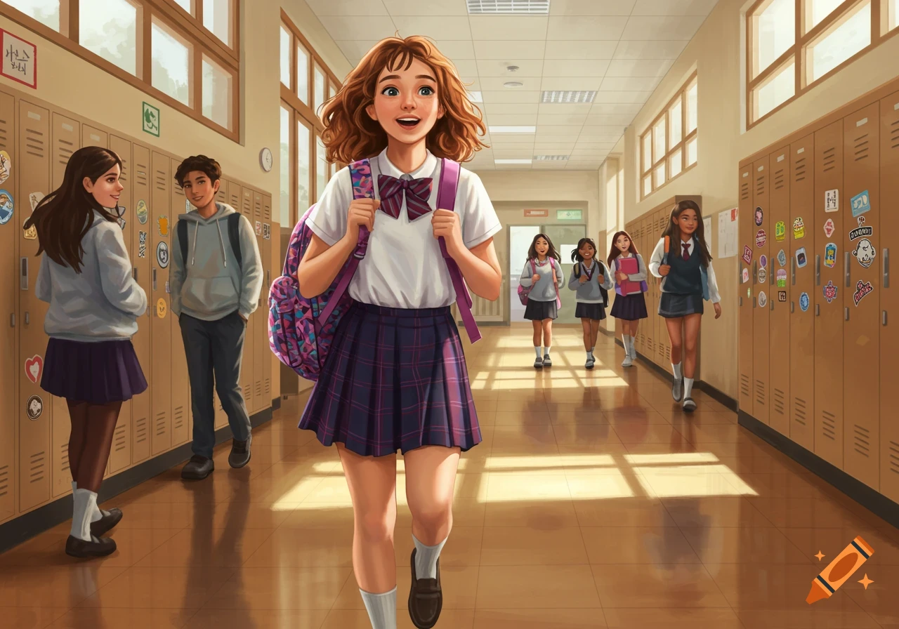 An illustration of a smiling teen girl with a backpack walking down a school hallway filled with other students and lockers.