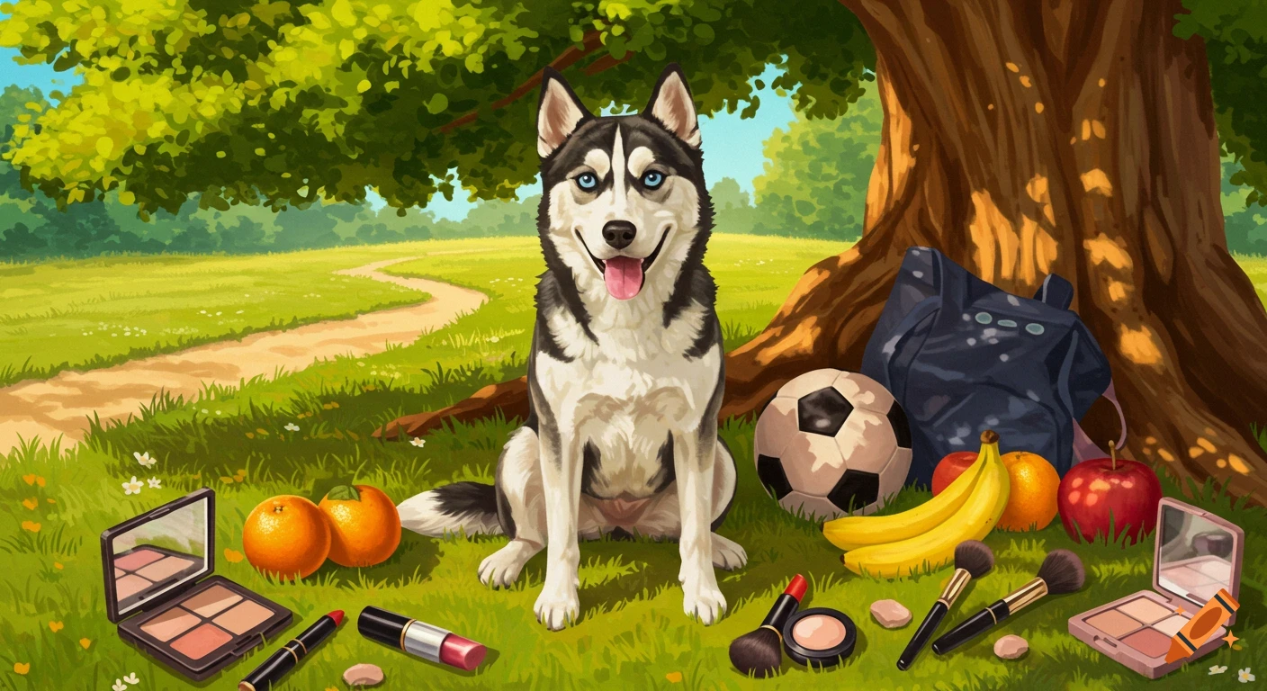 An illustrated husky mix dog sits under a tree in a park, surrounded by a soccer ball, fruit, and makeup.