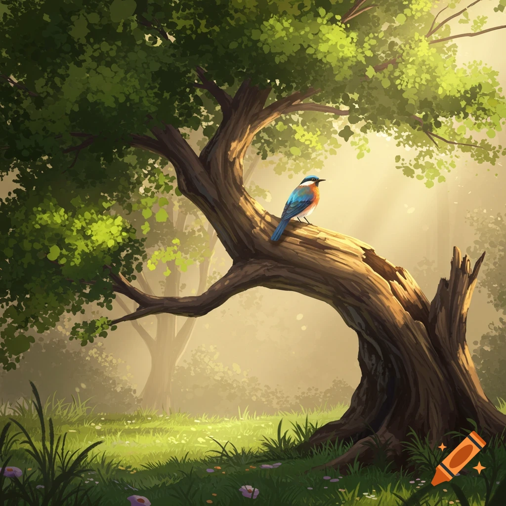 A blue and orange bird perches on a gnarled tree branch in a sunlit, misty forest illustration.
