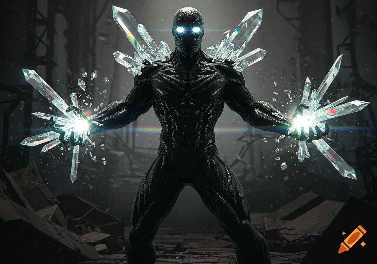 A dark, muscular carbon villain with glowing eyes and crystalline shards emerging from its shoulders and hands, in a desolate, dark environment.