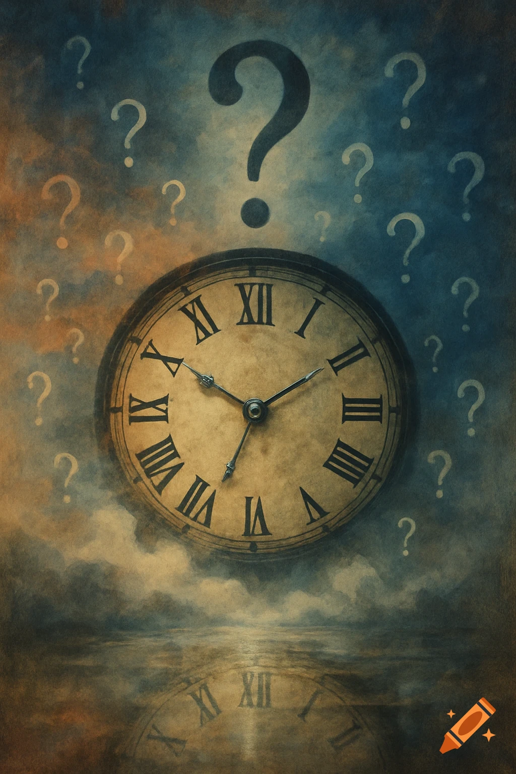 Vintage clock with Roman numerals and hands pointing to 7:30, surrounded by question marks in a dark, cloudy, conceptual scene with a reflection.