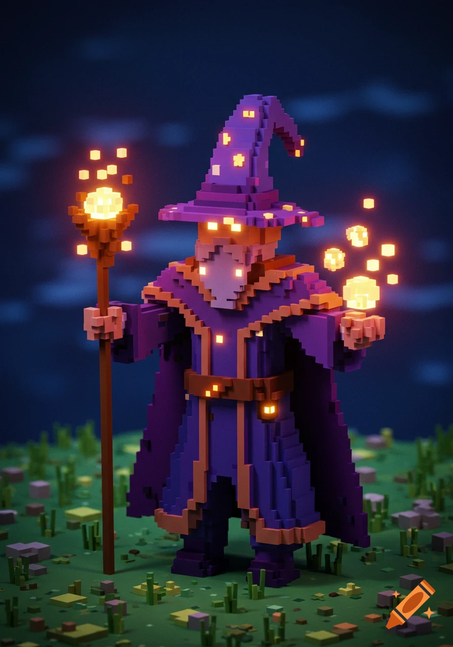 A voxel-style wizard in a purple robe and pointed hat, holding a glowing staff and conjuring magic cubes in a dark, grassy landscape.
