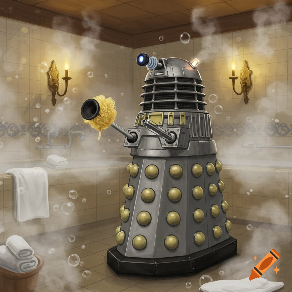 A Dalek robot holds a loofah in a steamy bathroom with a bathtub, towels, and bubbles.