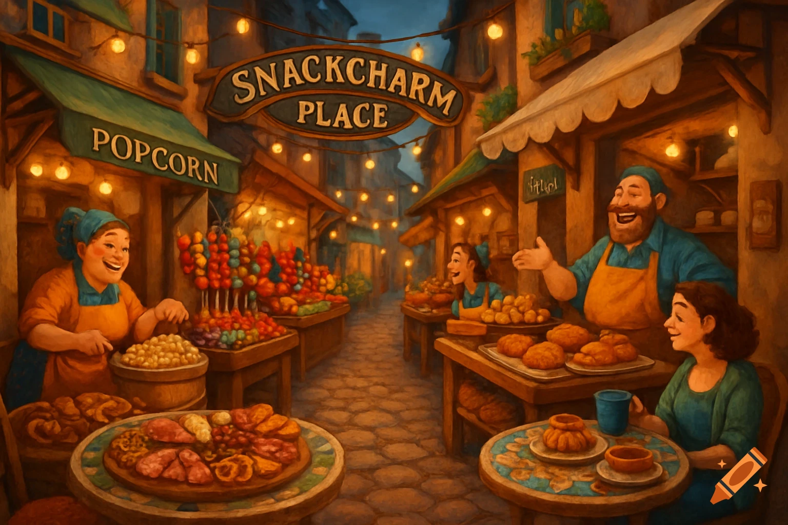 A vibrant, colorful night market scene with food stalls, smiling vendors, and patrons. A prominent sign overhead reads 'SnackCharm Place'.