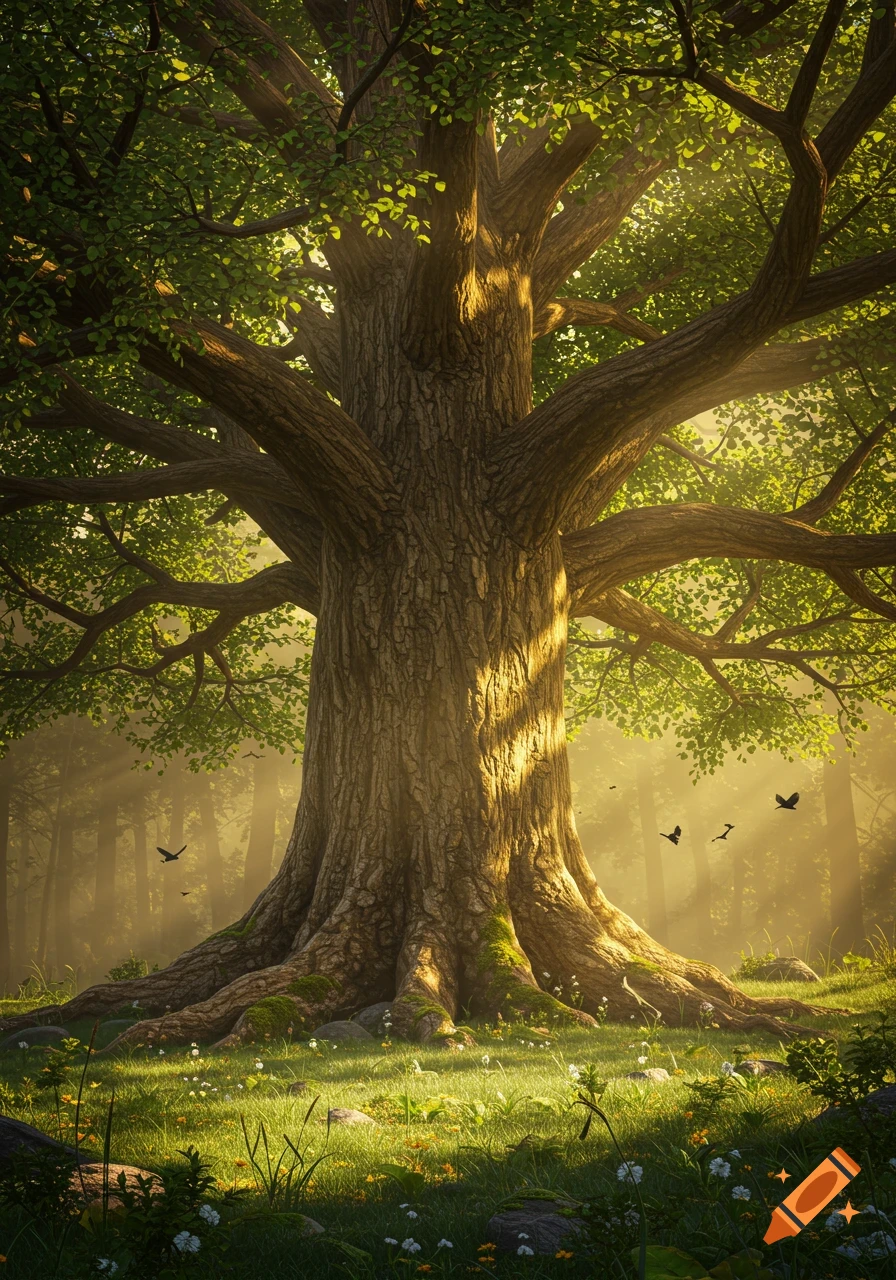 A majestic, ancient tree with sprawling branches and roots stands tall in a sunny, misty forest with green grass, wildflowers, and flying birds. Photorealistic.