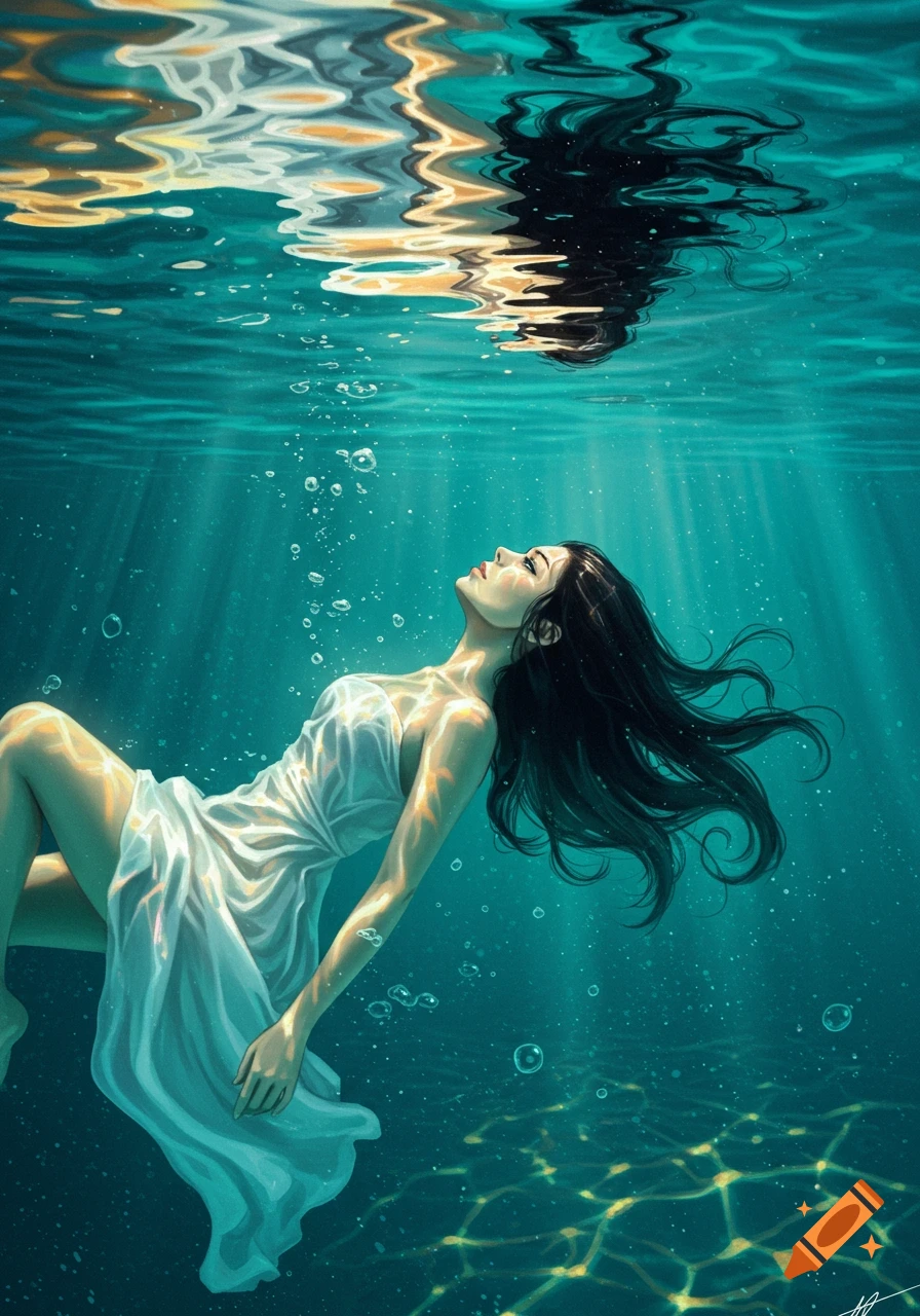A beautiful woman with long dark hair and a white dress floats gracefully underwater, looking up at her reflection on the surface as light rays filter through the teal water.