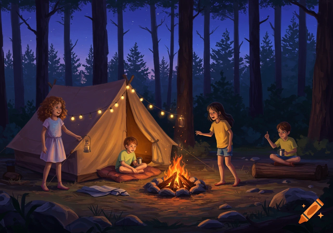 Four children camping at night in a forest with a tent, string lights, and a cozy campfire. Illustrated style.