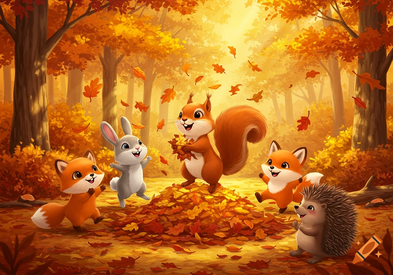 Cute cartoon squirrel, rabbit, foxes, and a hedgehog play happily in a sunny autumn forest with falling orange leaves.
