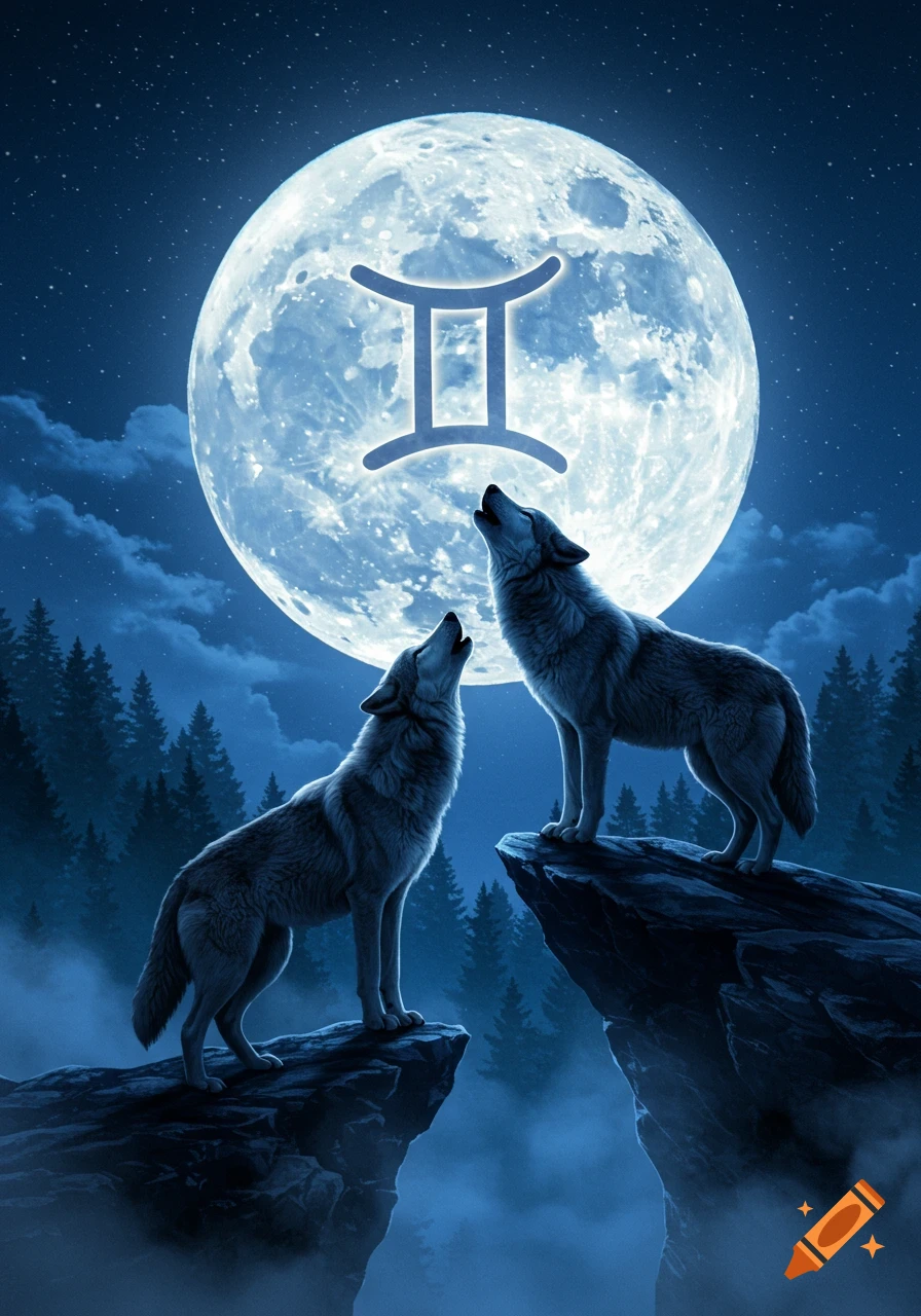 Two gray wolves howl on rocky cliffs at a bright full moon featuring the Gemini zodiac symbol, under a starry night sky with a forest backdrop.