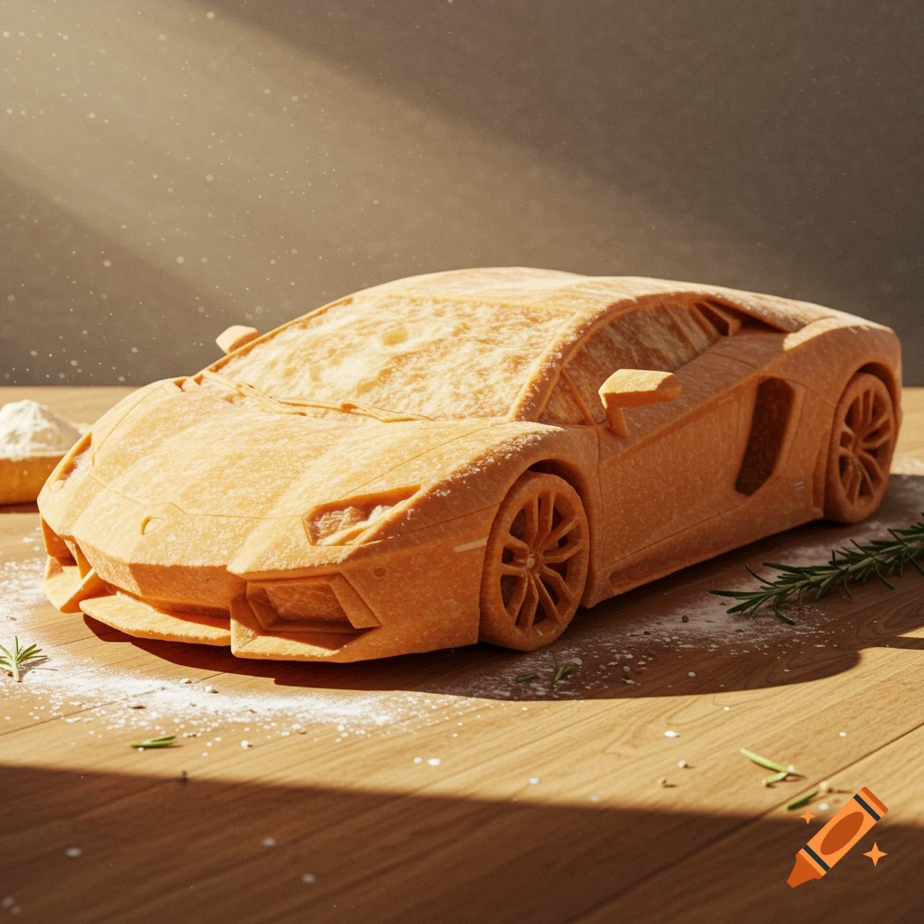 Photorealistic image of a Lamborghini sports car sculpted from bread, dusted with flour and rosemary, on a wooden table.