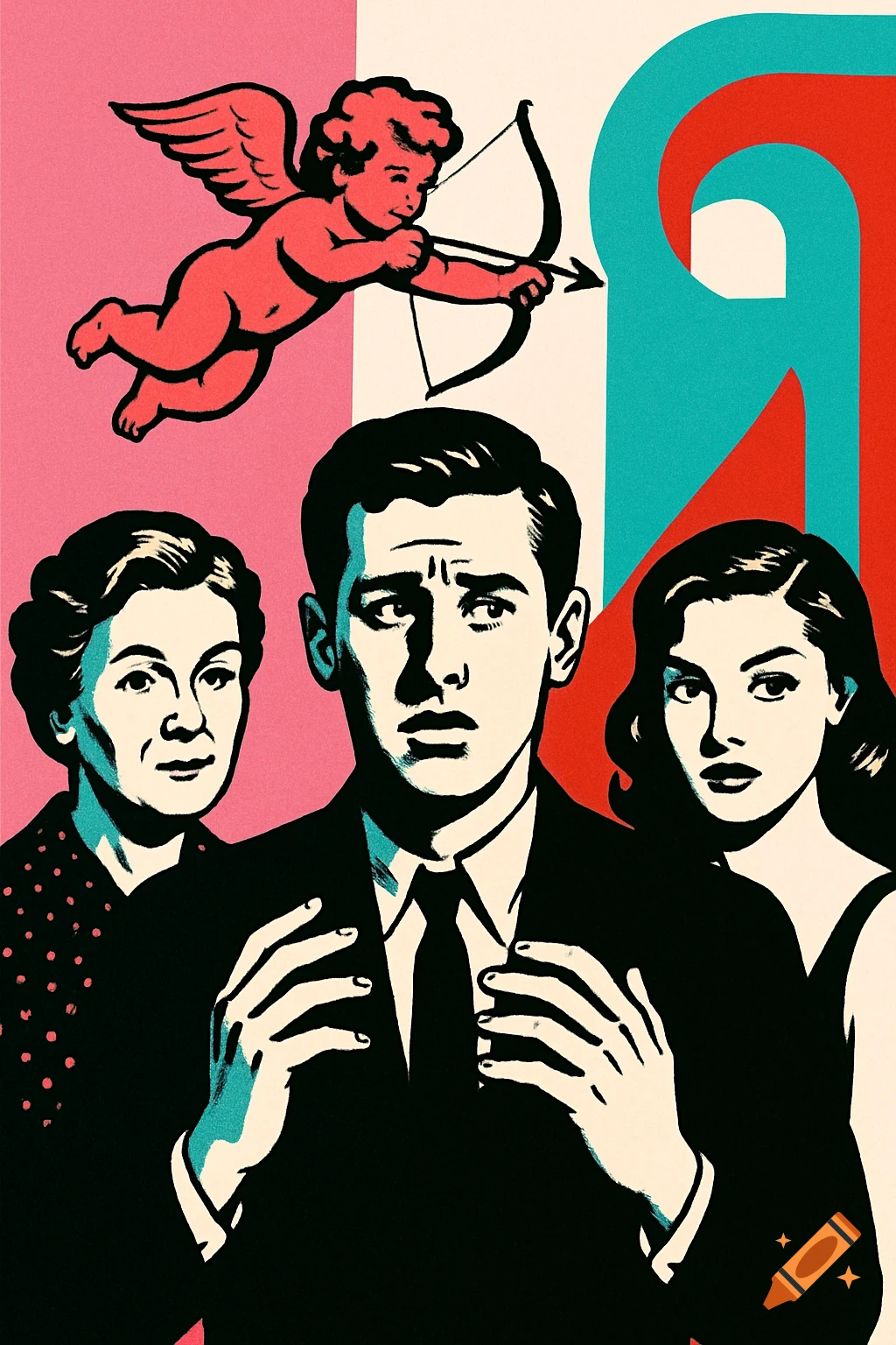 Pop art illustration of a man looking distressed between two women, with a flying Cupid aiming an arrow from above.