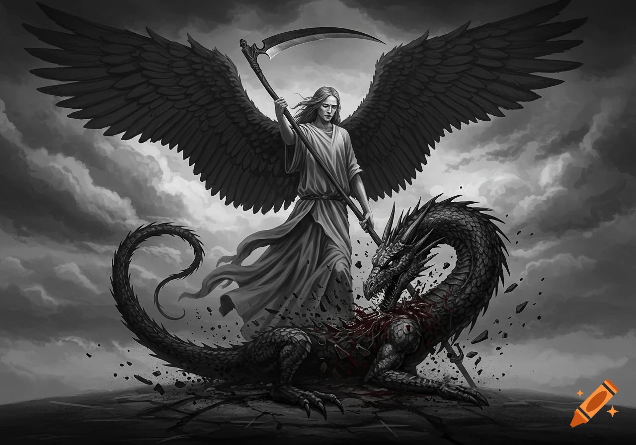 Black and white fantasy art of a winged angel holding a scythe, standing triumphantly over a slain dragon under a cloudy sky.