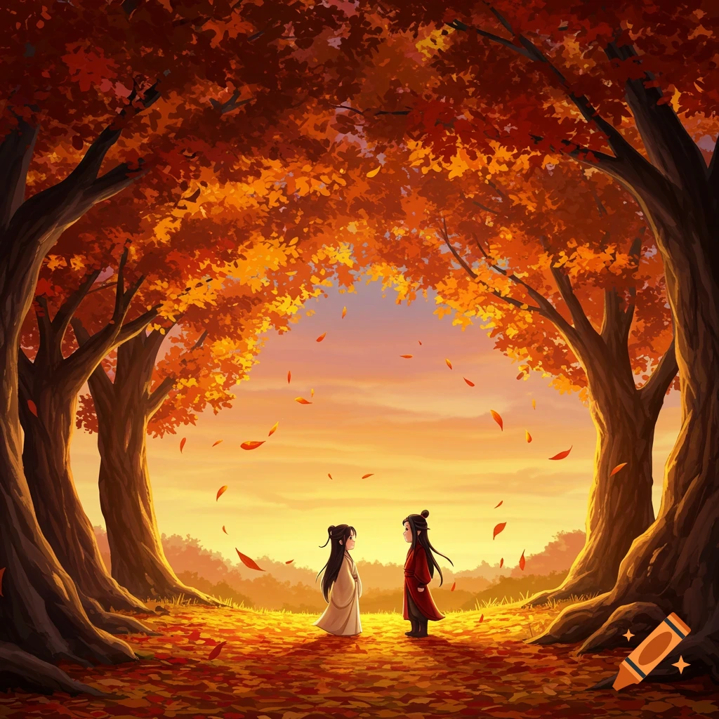 Two small anime characters, Xie Lian and San Lang, meet in an autumn forest with red leaves falling at sunset.