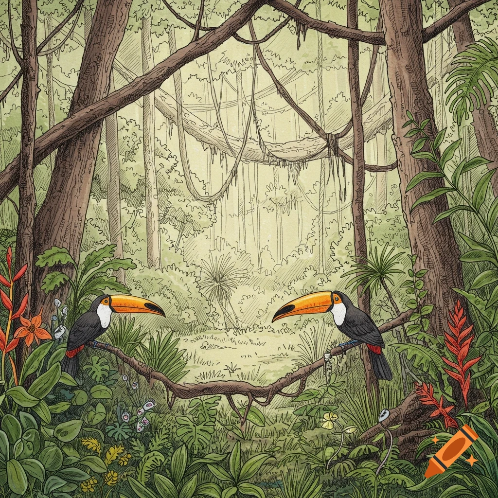 Detailed sketch of two toucans perched on a branch in a dense rainforest.