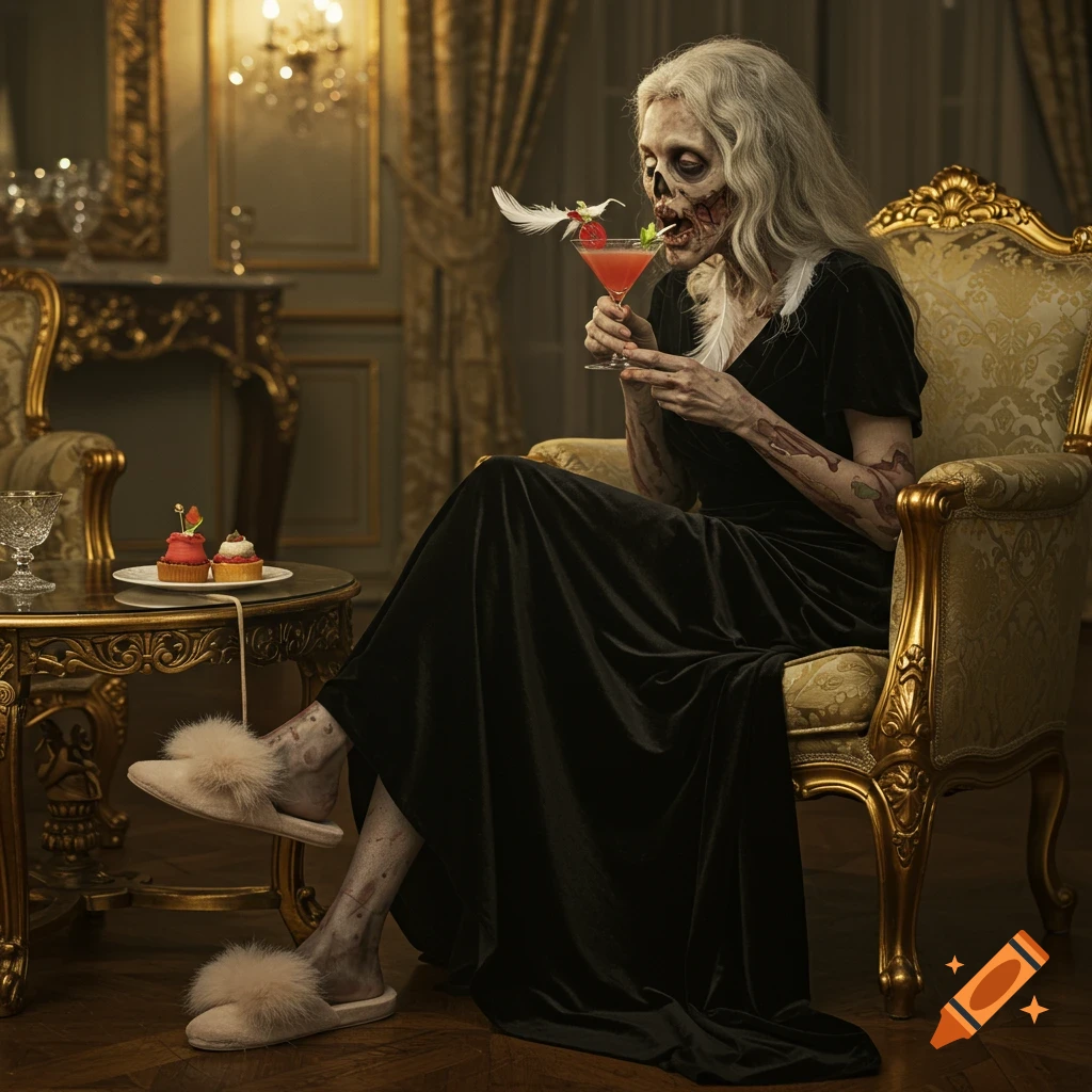 Ultra photorealistic zombie woman in a luxurious room, sipping a cocktail while wearing a dark gown and furry slippers.