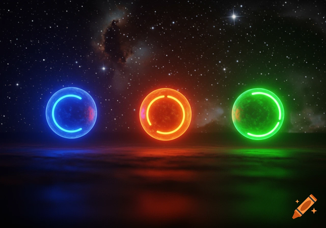 Three glowing blue, orange, and green orbs with neon rings float above a reflective surface under a starry night sky.