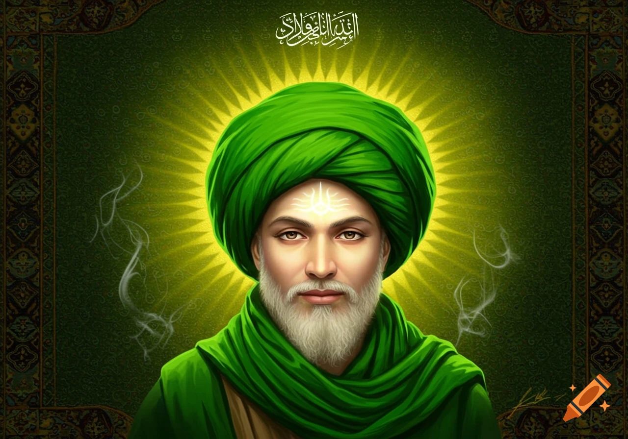 A bearded man with a luminous face wears a green turban and robes, with Arabic calligraphy above a patterned green background.