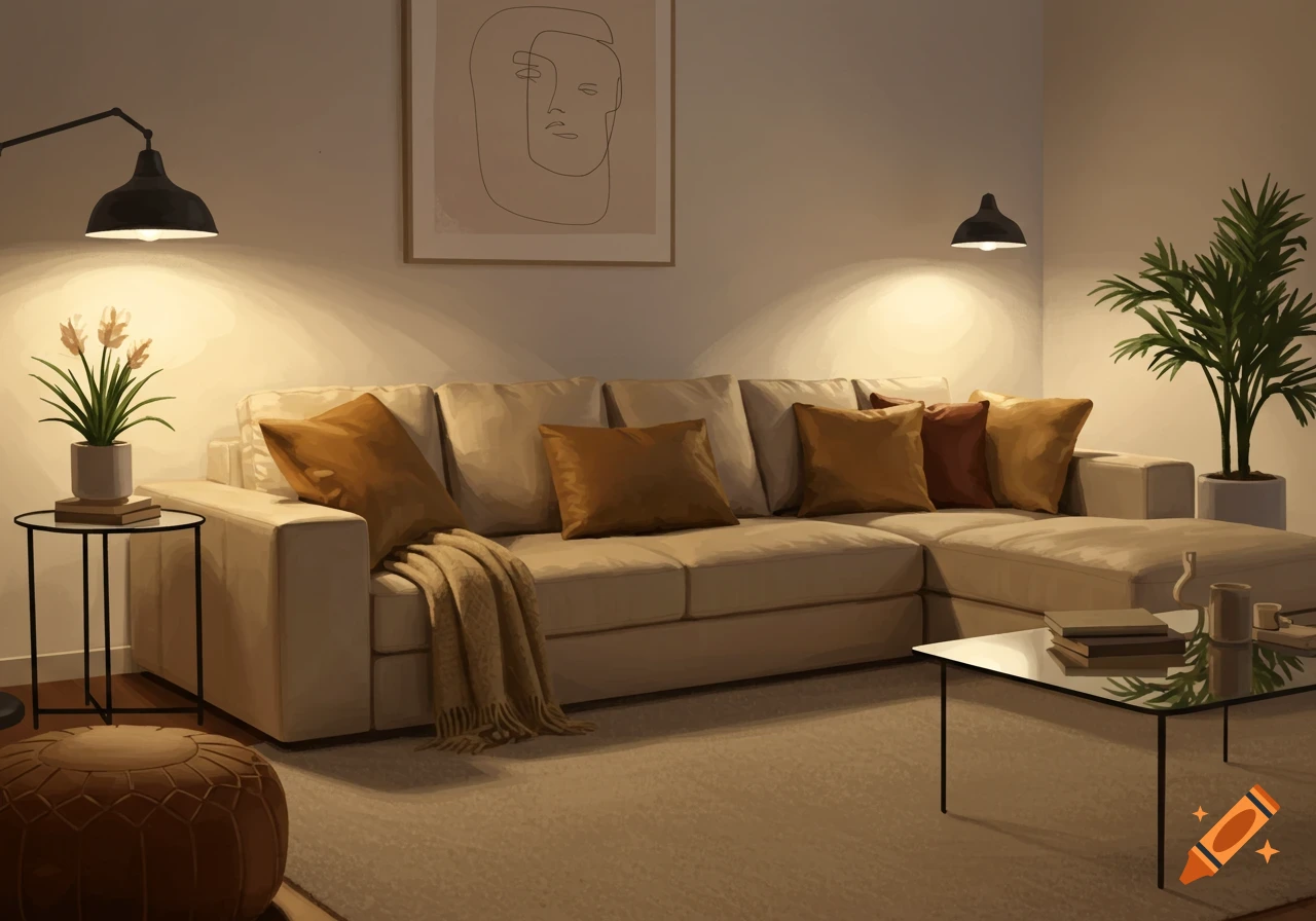 A cozy modern living room with a beige L-shaped sofa, throw blanket, brown cushions, warm lighting, plants, and a coffee table.