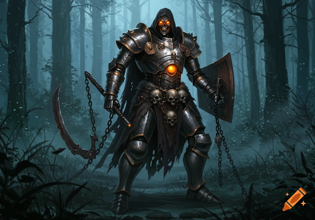 A skeletal warrior in dark steel armor and a black robe stands in a misty forest, holding a sickle and shield. Its eyes glow orange.