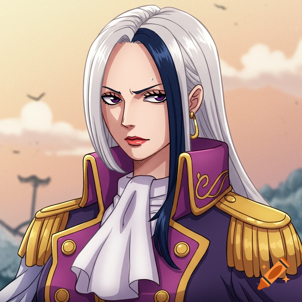 Anime portrait of Charlotte Amande with long white and black hair, purple eyes, and a stern expression, wearing a purple and gold military jacket.