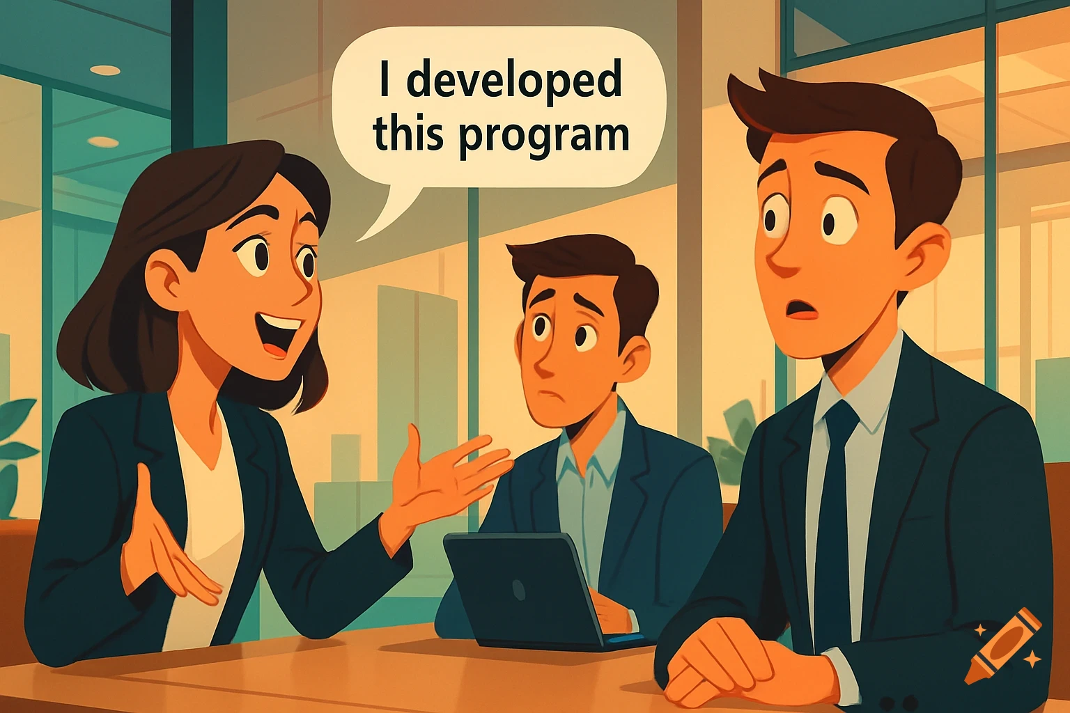 Cartoon of a woman in an office saying 'I developed this program' to two surprised male colleagues.