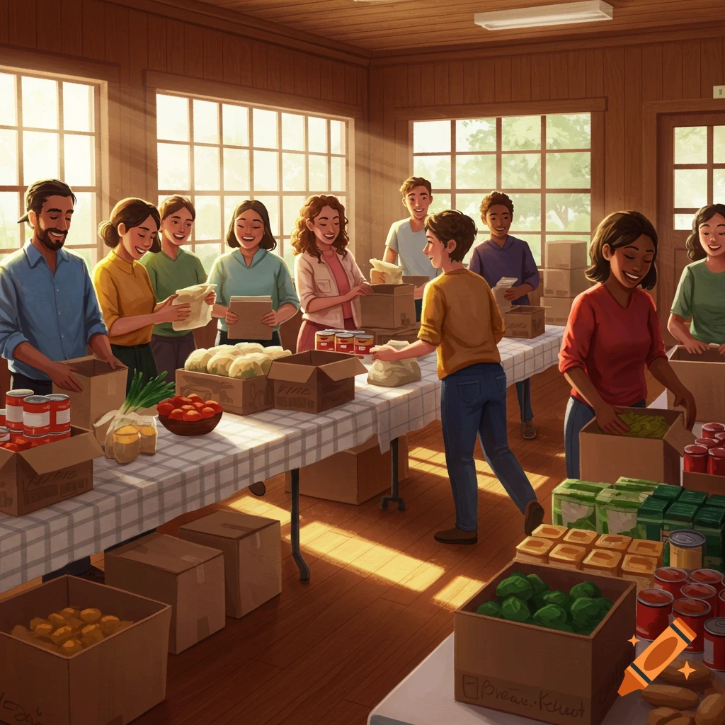 An illustration of a diverse group of people packing boxes of food and supplies on tables in a sunlit hall for donation.