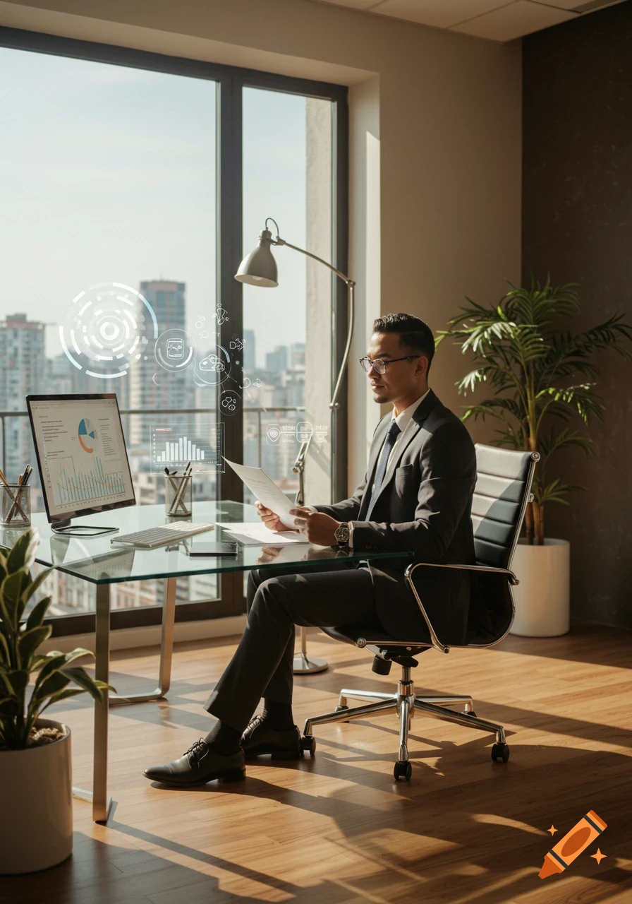 Asian businessman in a suit at a modern office desk, reviewing documents with futuristic data projections.
