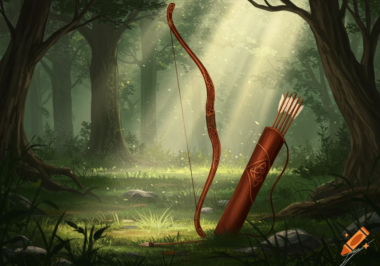 An illustration of an ornate recurve bow and a leather quiver with arrows resting in a sun-dappled, misty forest.