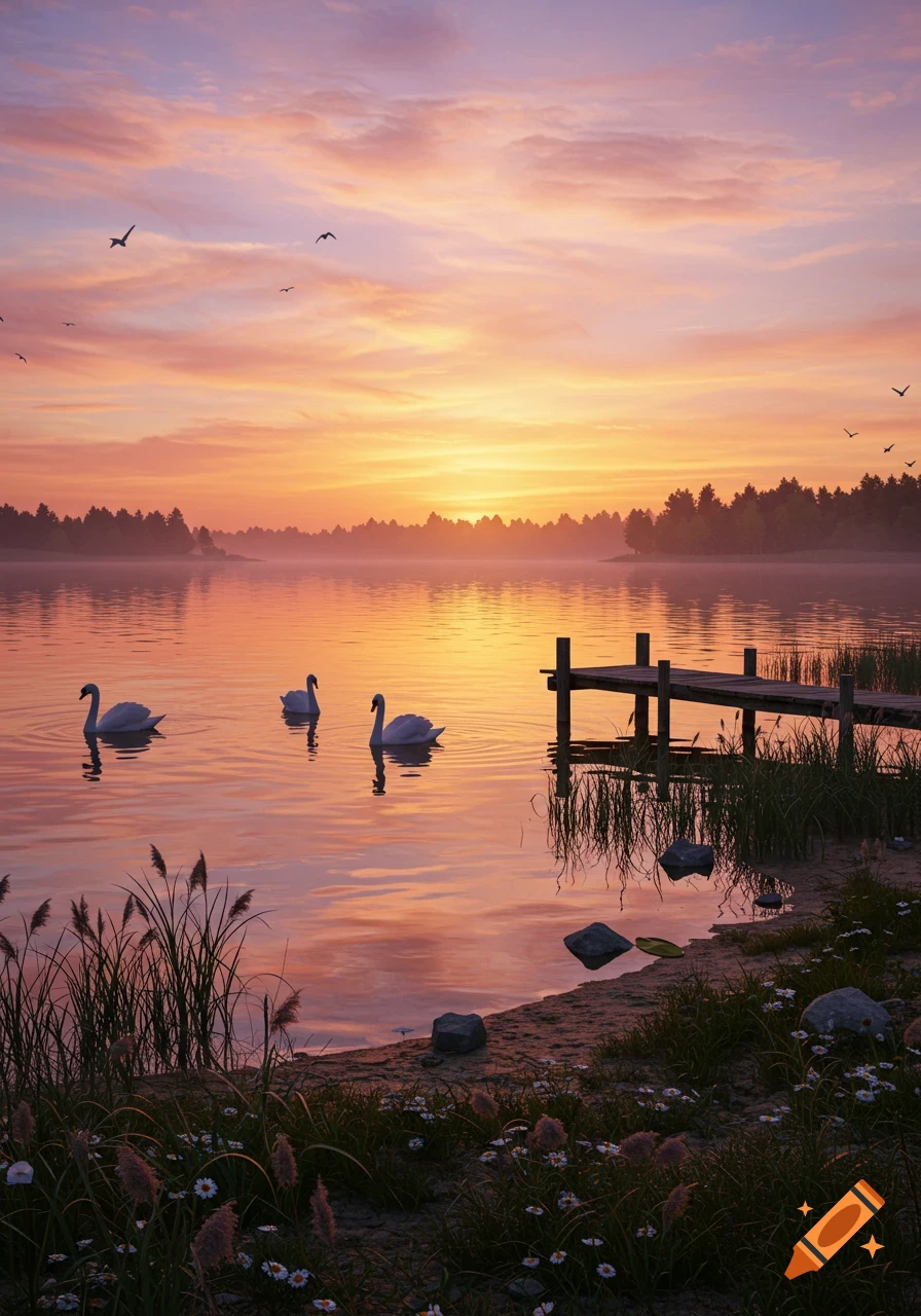 Three swans swim in a still lake at sunset, with a wooden dock, reeds, and wildflowers in the foreground. Photorealistic.