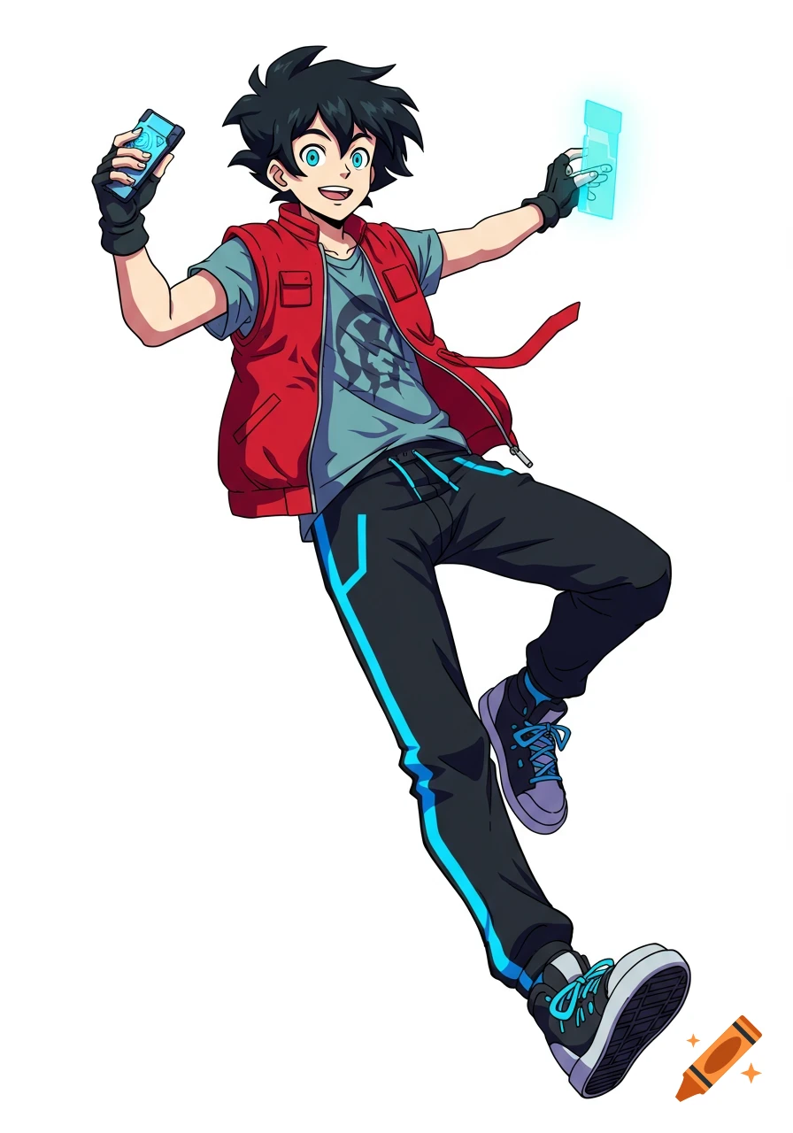 Anime boy with spiky black hair in a red vest and black pants, holding a phone and a glowing blue panel, on a white background.
