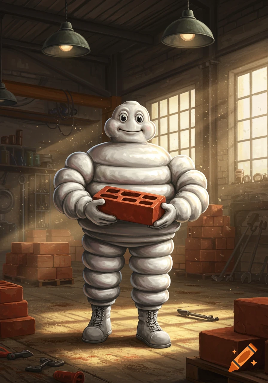 The Michelin Man, Bibendum, holds a red brick in a detailed illustration of a dusty workshop with stacks of bricks.