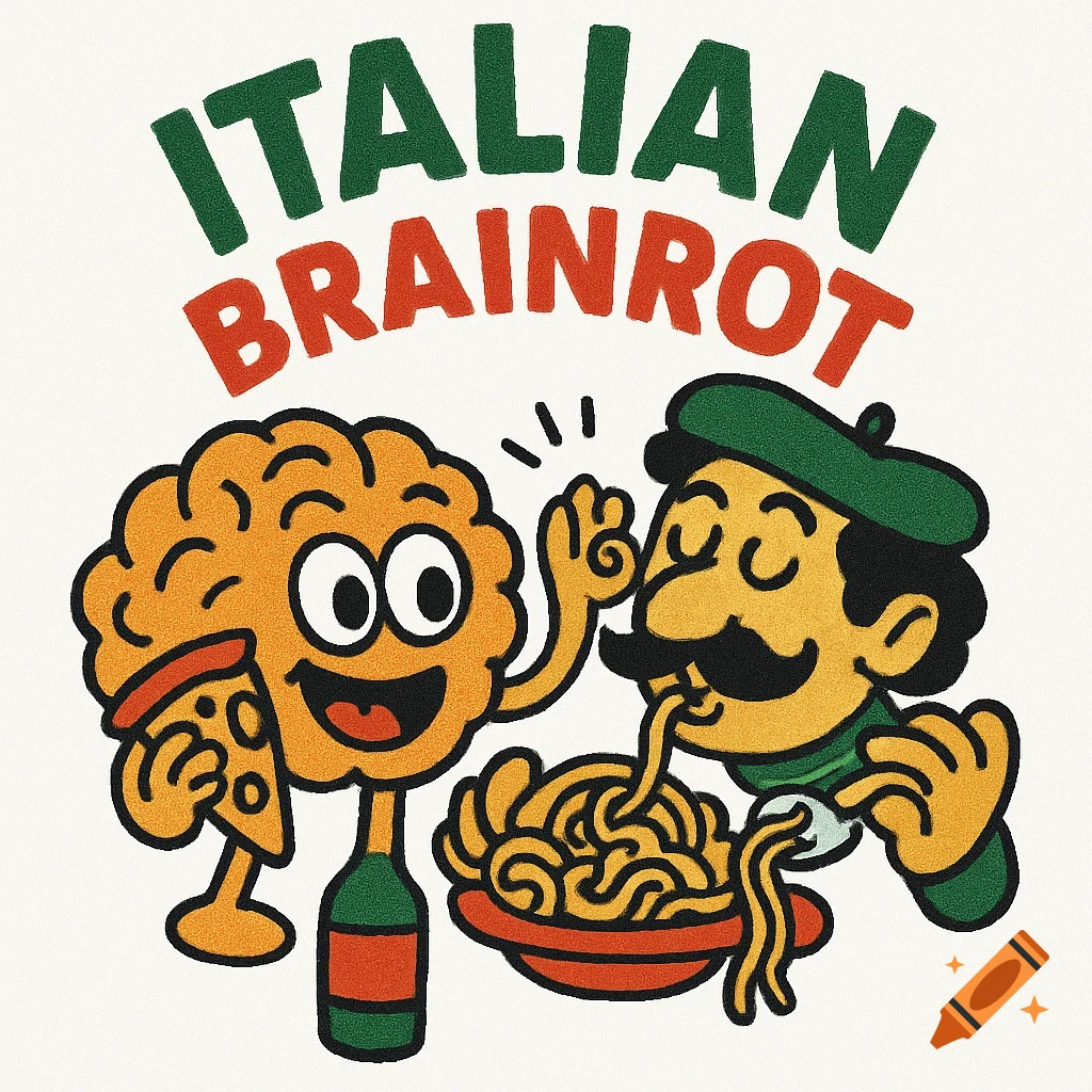 A cartoon brain holds a pizza slice and bottle while an Italian man eats spaghetti below text that reads 'ITALIAN BRAINROT'.