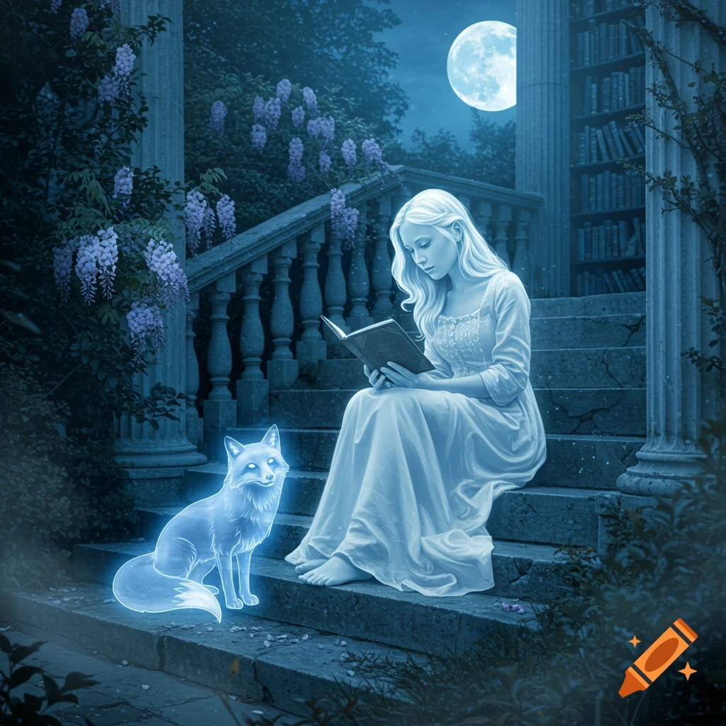 A ghostly woman reads a book on stone steps next to a glowing fox, under a full moon, surrounded by wisteria and library shelves.