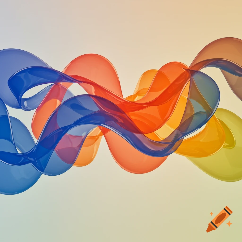 Translucent, wavy ribbons in blue, orange, red, and yellow flow across a light gradient background.